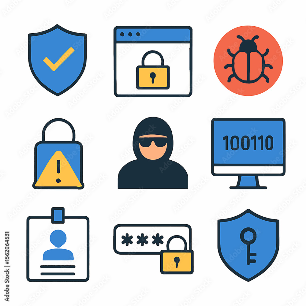 Poster Cybersecurity icons set featuring security shield, hacker, bug, password and binary code