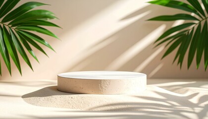 Obraz premium tropical background round podium with palm leaves and sand