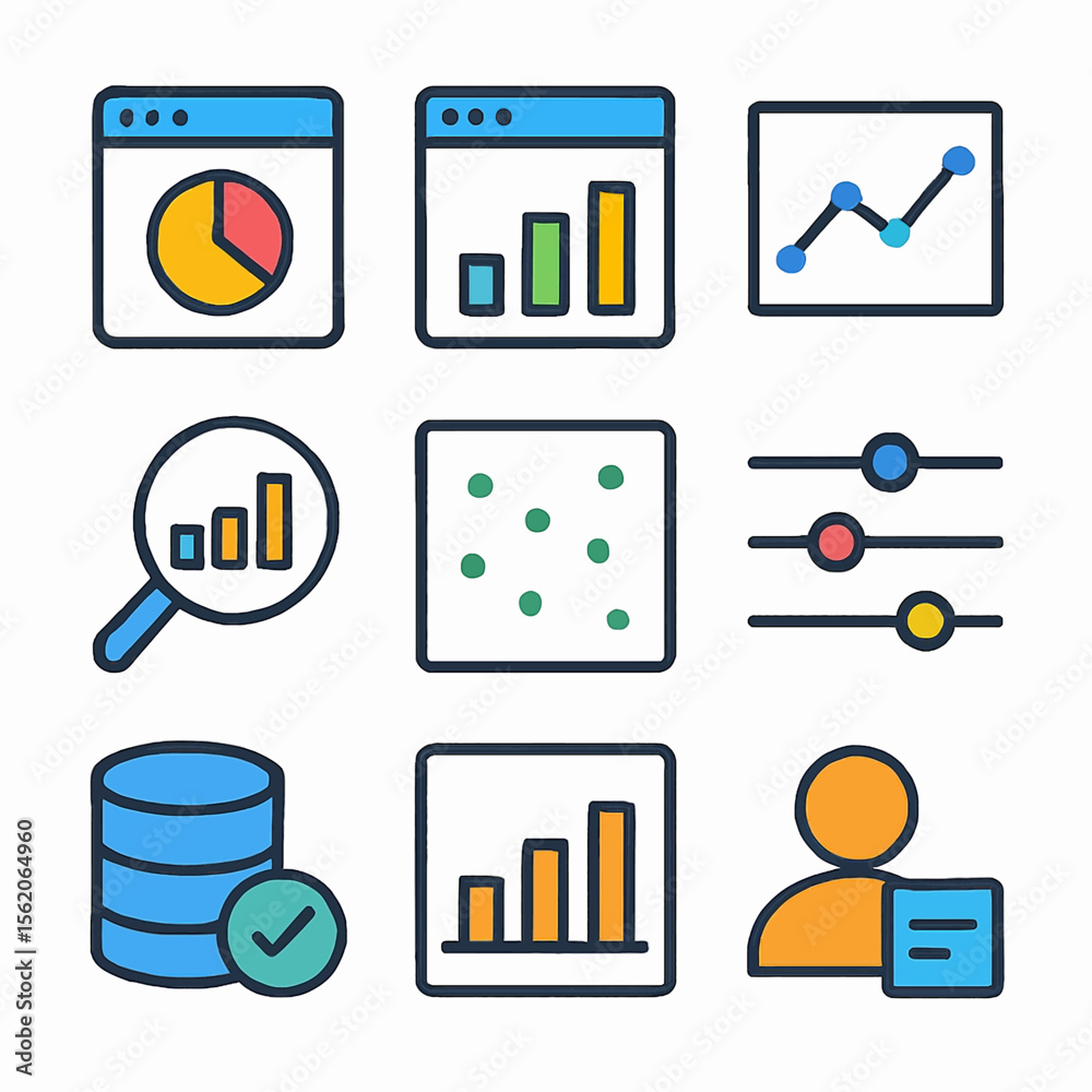 Poster data analysis and visualization icons set depicting charts, graphs, and database symbols