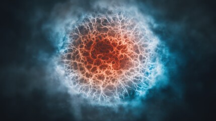 Obraz premium Vivid circular cosmic formation with glowing red core, crack-like energy patterns, orange-white layers, and blue smoky haze in dark nebulous space.