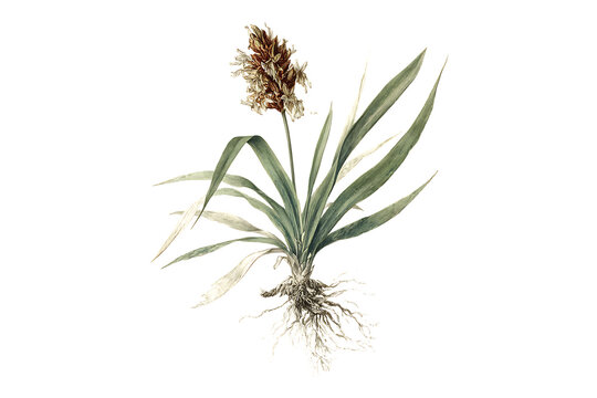 Detailed illustration of a Beargrass plant (Xerophyllum tenax) with roots and flower.
