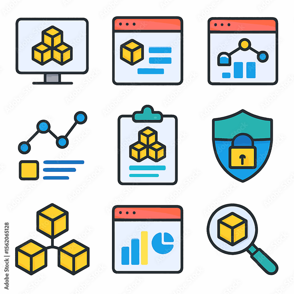 Poster Data analysis icons depicting blocks with charts and security in a vector format