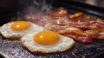 Fried eggs and crispy bacon sizzling on hot griddle, creating delicious breakfast scene filled with warmth and flavor