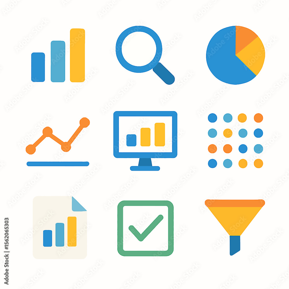 Poster data analytics and business intelligence vector icons for data visualization and analysis