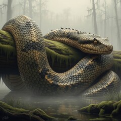 Obraz premium Titanoboa in Swamp – Prehistoric Giant Snake Art