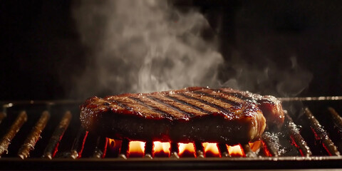 Grilled steak sizzling on barbecue, surrounded by smoke, showcasing delicious grill marks and juicy texture