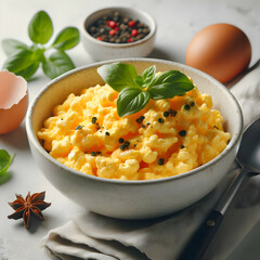 Well-cooked scrambled eggs served alone in white bowl, neutral background