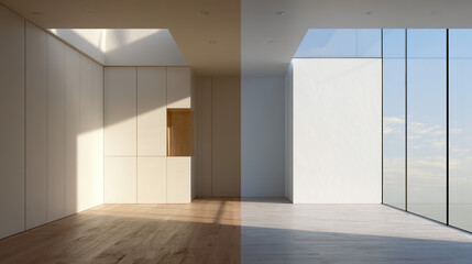 Obraz premium Minimalist room transformation: before and after, showcasing clean lines and natural light