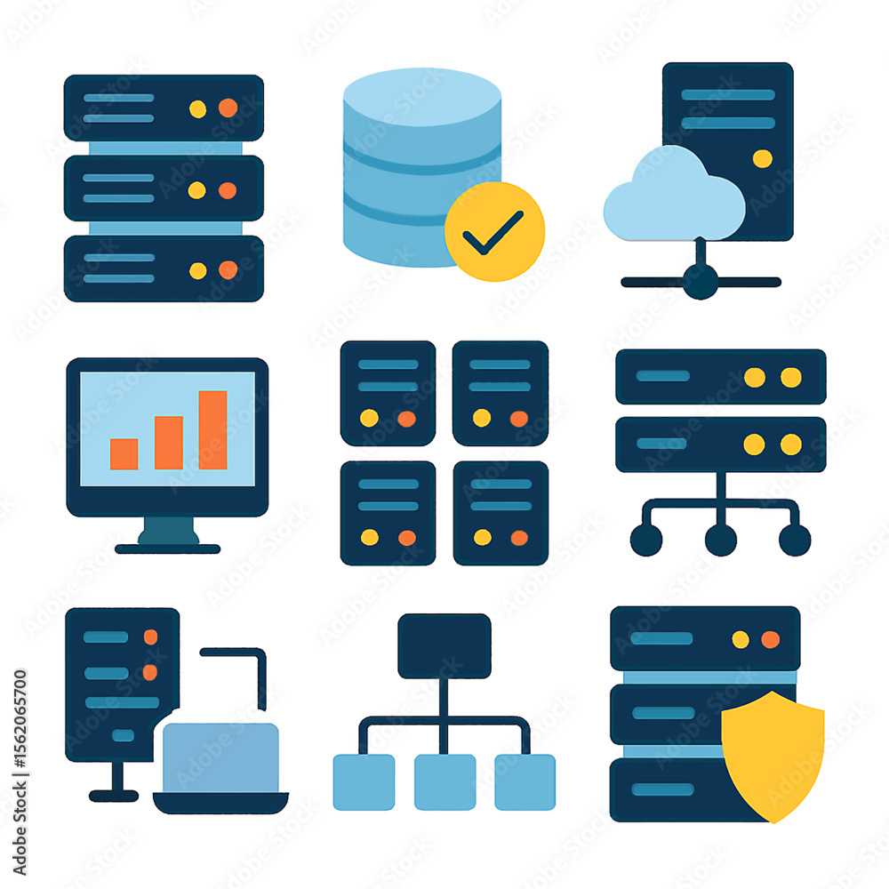 Aufkleber data center icons representing cloud computing and database management systems
