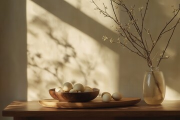 Natural still life with eggs and branches in soft light on wooden table in cozy interior setting