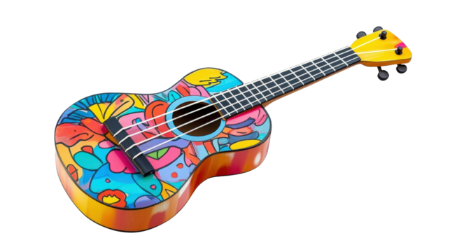 Children's mini acoustic guitar with colorful cartoon print Transparent background, PNG