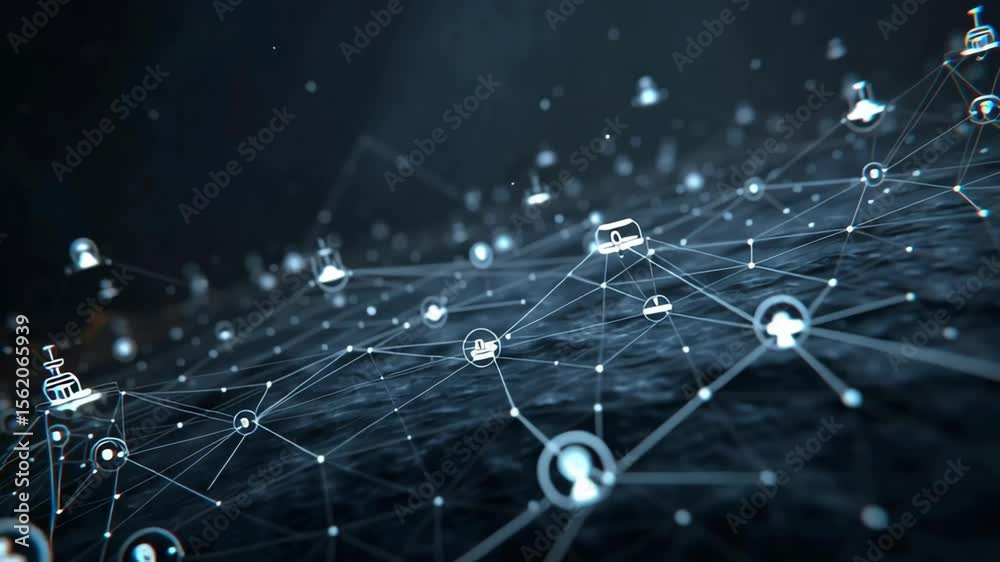 Poster futuristic network connecting digital devices and user profiles with glowing lines and nodes, repres