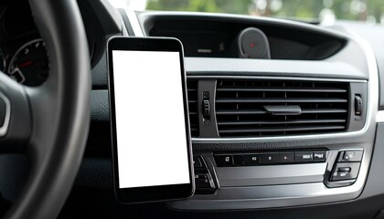 A smartphone with a blank white screen mounted on a car air vent inside a modern vehicle