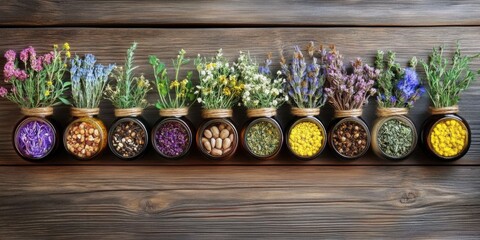 medicinal herbs on wooden background. ai generative