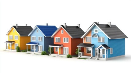 A colorful row of houses in a suburban neighborhood, with a white background.