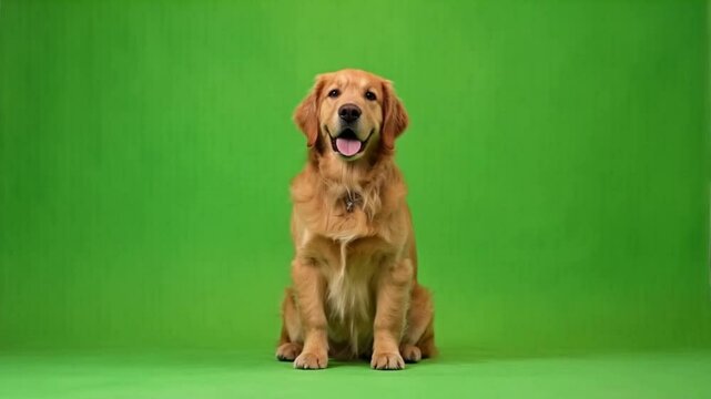 Golden retriever sitting and wagging its tail against a green screen backdrop studio setting green screen animal video