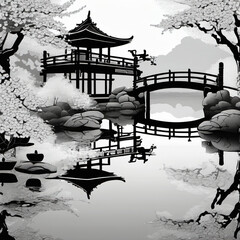 Serene Japanese Garden at Dawn in Dutch Angle Style ASCII Art