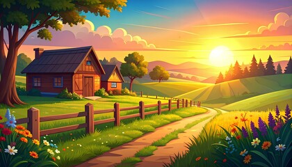 cartoon illustration of countryside at the sunset