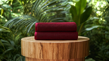 Two plush crimson towels displayed