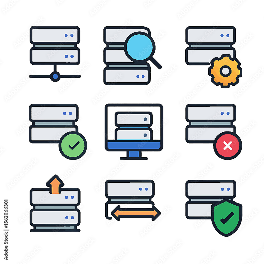 Poster Database server icons set with connection, search, settings and security concepts