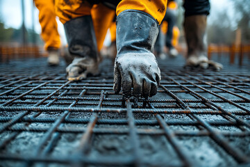 Construction worker's hand working with rebar on a concrete foundation close up view