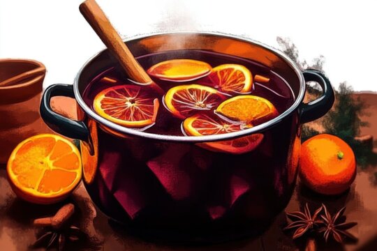 cooking traditional mulled wine in pot with orange slices and spices. ai generative