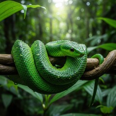 Congo Green Snake in Rainforest &ndash; Jungle Wildlife Close-Up
