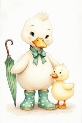Watercolor illustration of cute duckling and parent duck with umbrella enjoying a playful moment in a whimsical setting