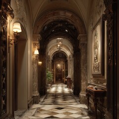 Obraz premium A long hallway with checkered marble floor, arches, and ornate detailing. The space exudes classic elegance and timeless design.