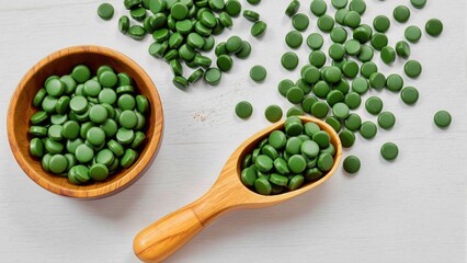 Spirulina, Green organic dietary supplements  in bowls on white background. Organic natural detox 