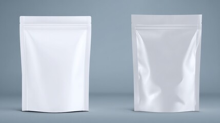 Two blank, white packaging pouches displayed against a soft blue background, ideal for product mockups
