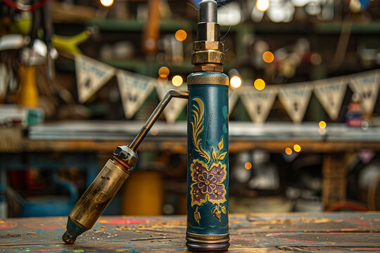 Decorative vintage blowtorch with painted floral design set on a workbench in a workshop