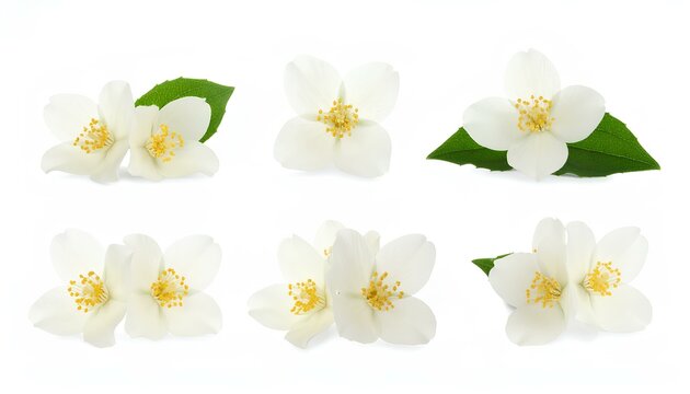 collage of jasmine flowers on white background