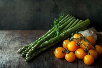Fresh Green Asparagus Bundle with Yellow Tomatoes and Garlic Bulb on Rustic Wooden Surface