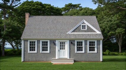 Charming Gray Shingle Cottage, Lush Green Lawn, Serene Summer Day, White Trim Detail.
