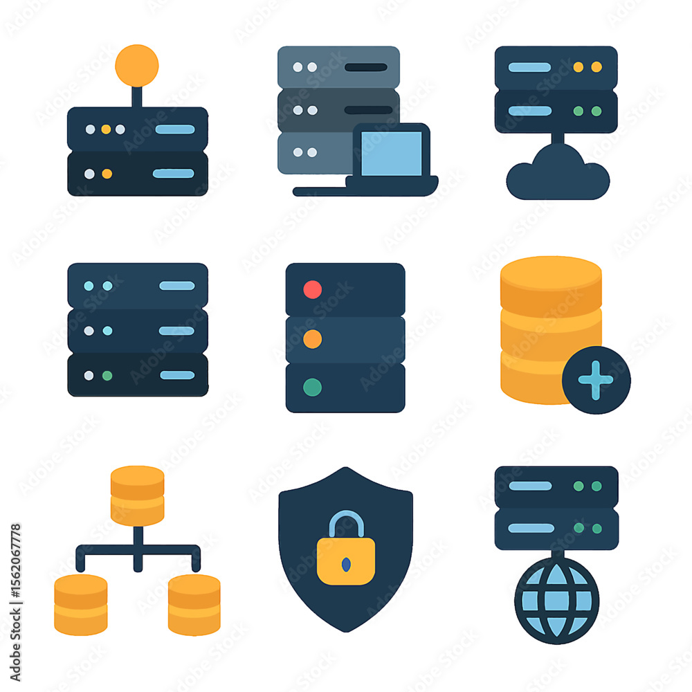 Poster diverse server and database icon set depicting networking and security solutions