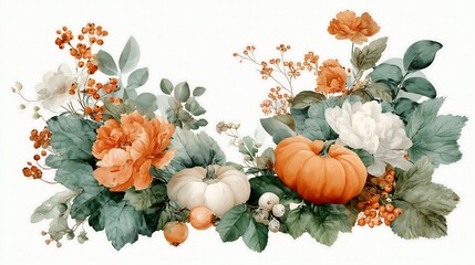 Watercolor illustration of Seasonal Thanksgiving Centerpiece with Pumpkins and Autumn Florals Arrangement. Composition isolated on white background