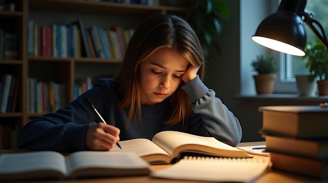 A captivating photo realistic image depicts a student intently focused on studies at a well-lit desk, highlighting open books and notes, conveying quiet concentration.