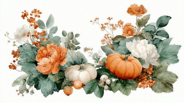 Watercolor illustration of Seasonal Thanksgiving Centerpiece with Pumpkins and Autumn Florals Arrangement. Composition isolated on white background