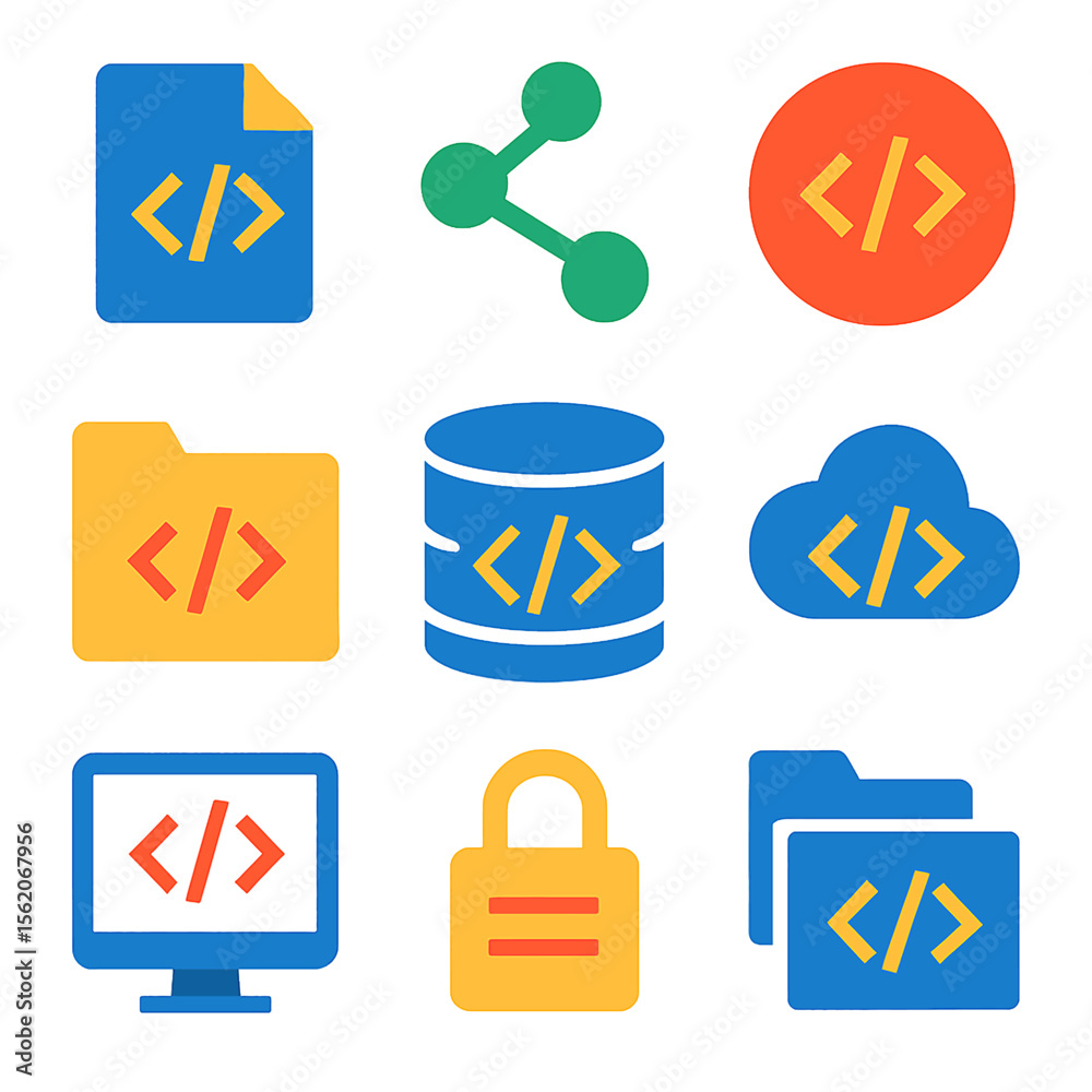 Poster diverse vector icons illustrating coding, database, security, and file sharing concepts