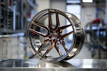 Detailed and modern chrome alloy wheel for automobiles with polished metallic finish