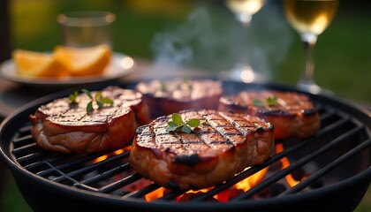 Fototapeta premium Juicy Grilled Steaks on the BBQ with Wine – Ideal for Summer PartiesPerfect Summer BBQ Spread with Grilled Steaks and Red Wine PairingSizzling BBQ Steaks with Wine – Ultimate Summer Party FeastD