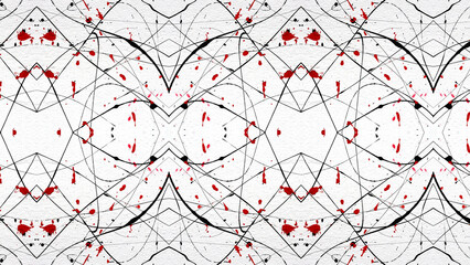 Abstract geometric pattern with red and black ink splatters background