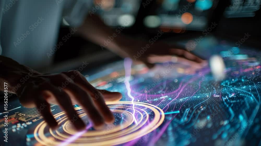 Poster close up of hands interacting with a futuristic holographic interface on a touchscreen display, show