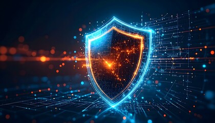 Obraz premium Stylized digital firewall rebuilding in real-time, code strings forming shields with pixel sparks and flowing data streams in deep-tech background.