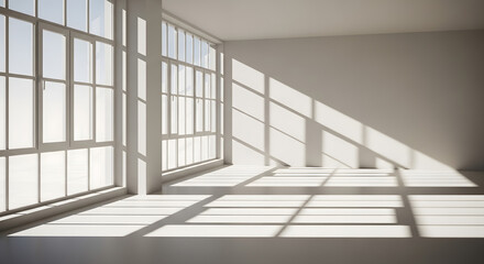 Obraz premium Empty modern room with large windows and dramatic sunlight casting shadows
