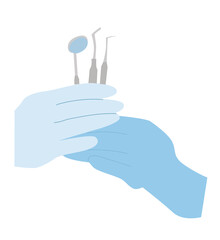 hand holding dental tools. hands in sterile gloves holding dental drill and mouth mirror. 