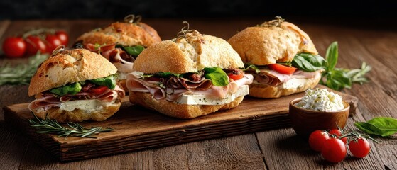 The delicious gourmet sandwiches arranged on a rustic wooden board.