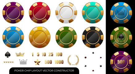 Colorful vector set of poker chips in various colors with gold details, numeric values, icons, and editable design elements. Ideal for casino, gambling, or card game design projects