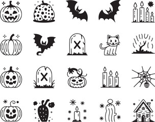 Whimsical Halloween Icons A Spooky and Fun Collection for Decorations and Designs Featuring Bats, Pumpkins, and Haunted Houses